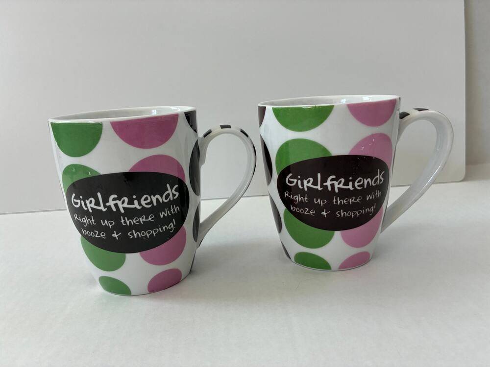 Pier One Mugs Set Girlfriends Graphic White Porcelain Pink Green Dots 8 oz